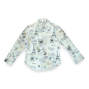 Mishca France French Paris Maps Eiffel Cotton Poplin Blouse Shirt Top Size Small